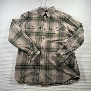 Carhartt Men’s Large Plaid Flannel Button Down Shirt Green Tan Long Sleeve